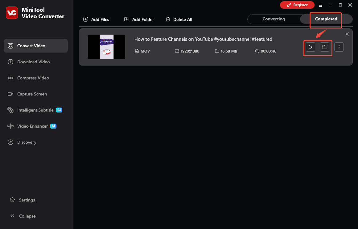 The Convert Video interface of MiniTool Video Converter that shows how to check the output file.