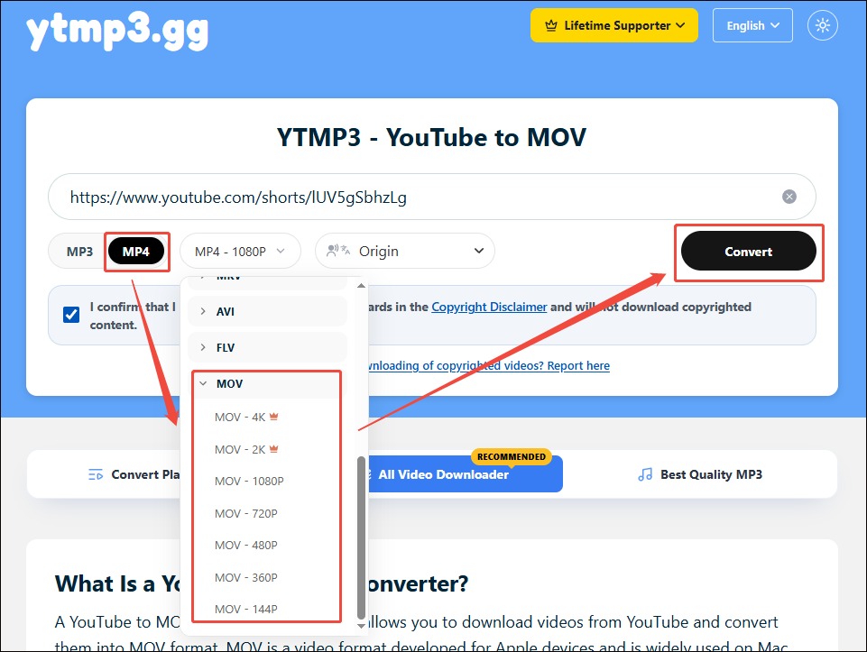 ytmp3 gg interface that shows how to set MOV as the output format and start the conversion.