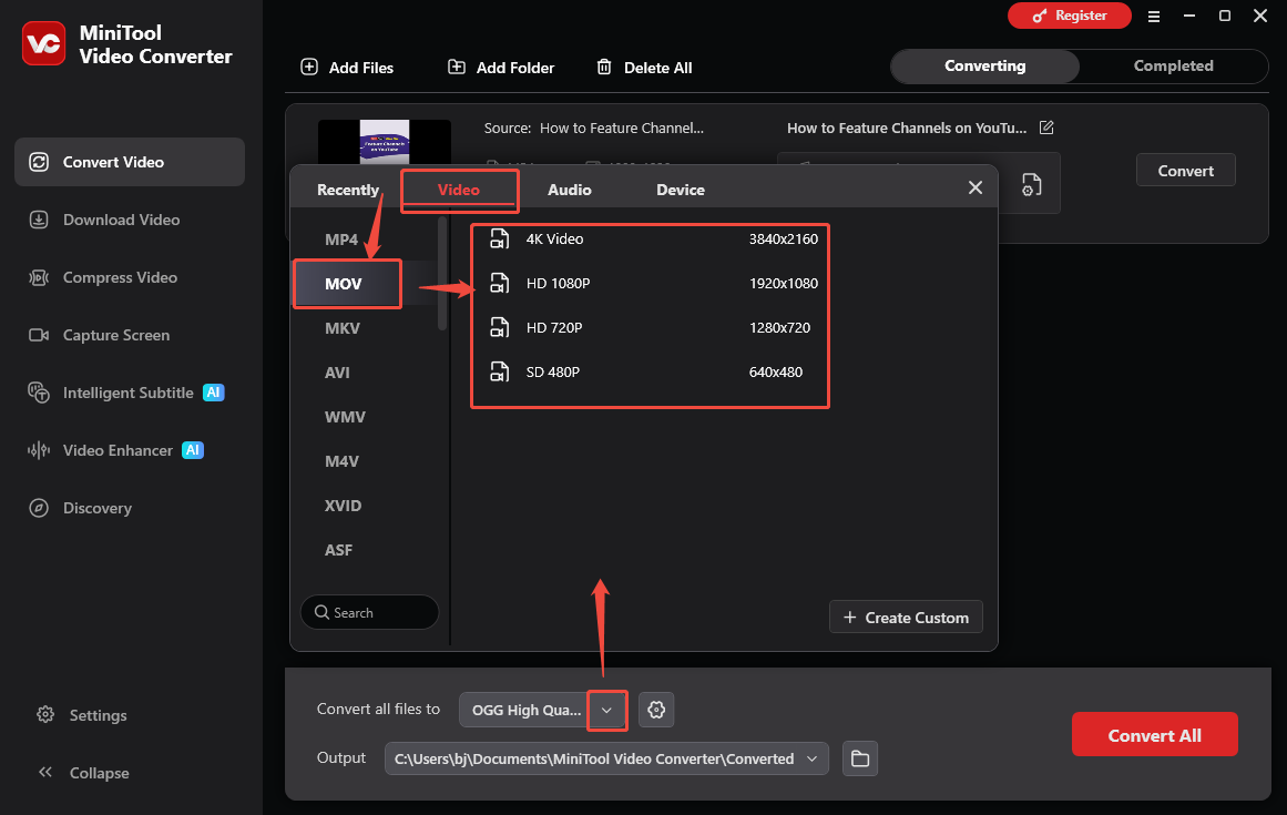 The Convert Video interface of MiniTool Video Converter that shows how to set MOV as the output format.