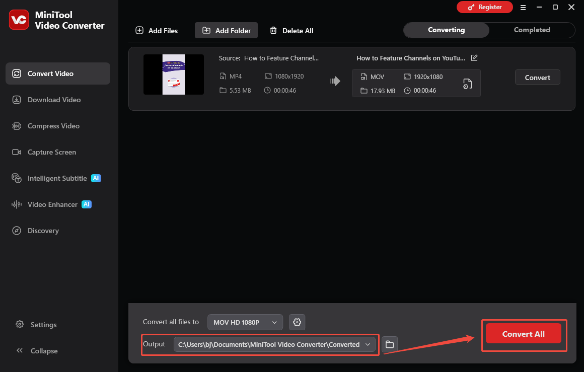 The Convert Video interface of MiniTool Video Converter that shows how to set an output folder and begin conversion.