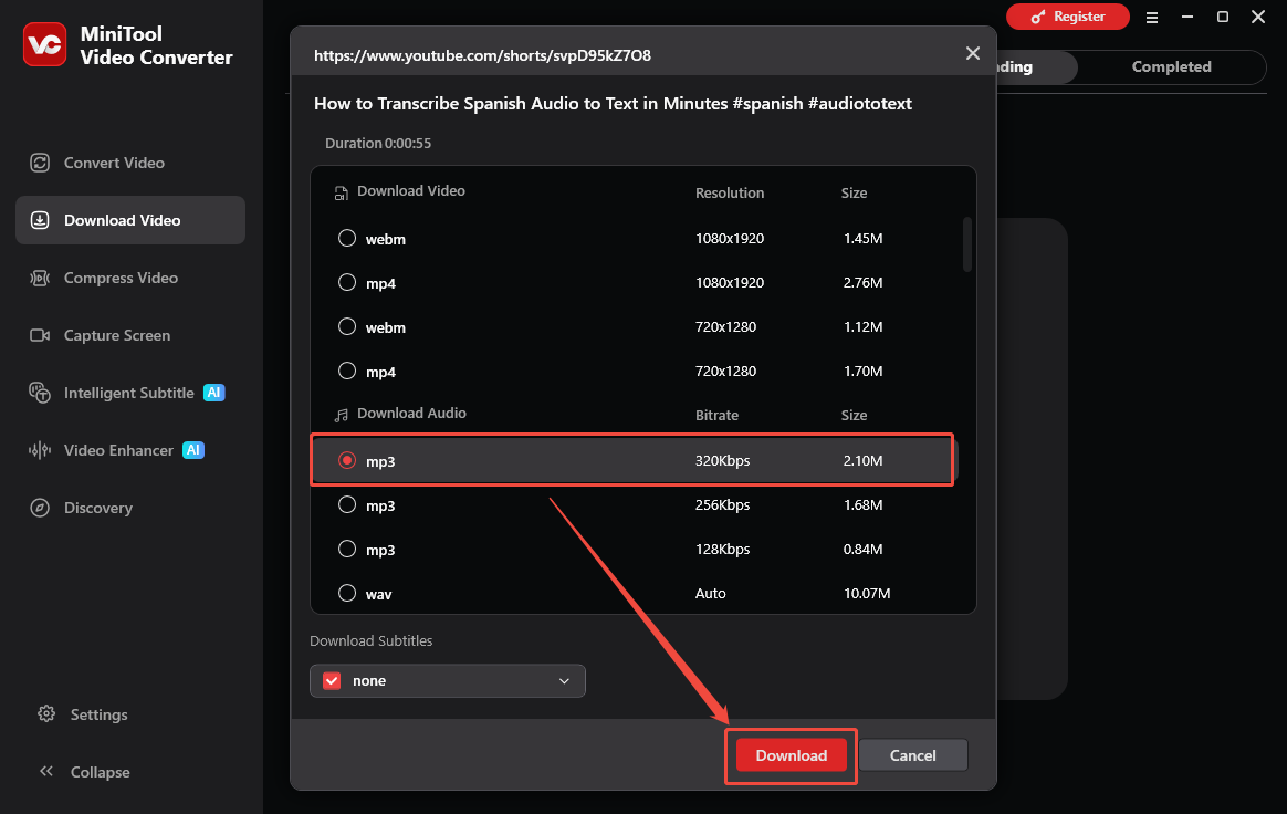 The Download Video interface of MiniTool Video Converter with the output format and the Download option selected.