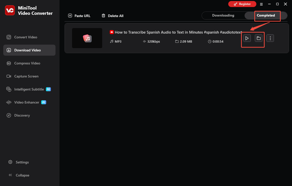 The Download Video interface of MiniTool Video Converter with the Play and Folder icons selected to check the output audio.