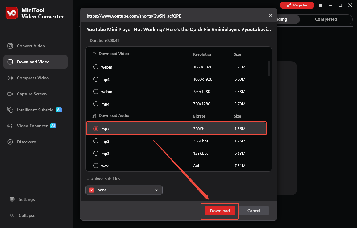 The Download Video interface of MiniTool Video Converter with the output format and the Download option selected.