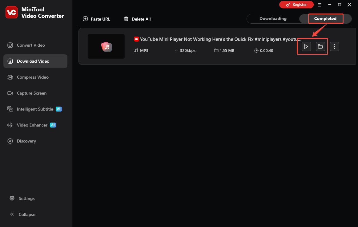 The Download Video interface of MiniTool Video Converter with the Play and Folder icons selected to check the output audio.