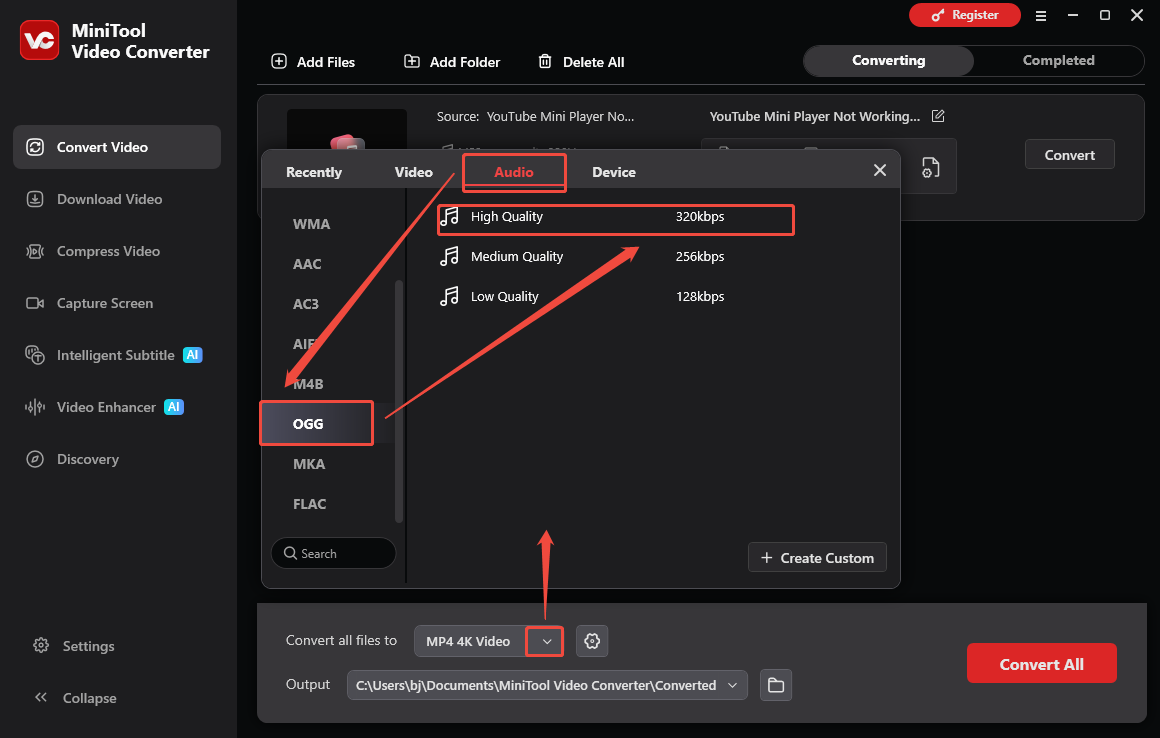 The Convert Video interface of MiniTool Video Converter that shows how to set OGG as the output format.