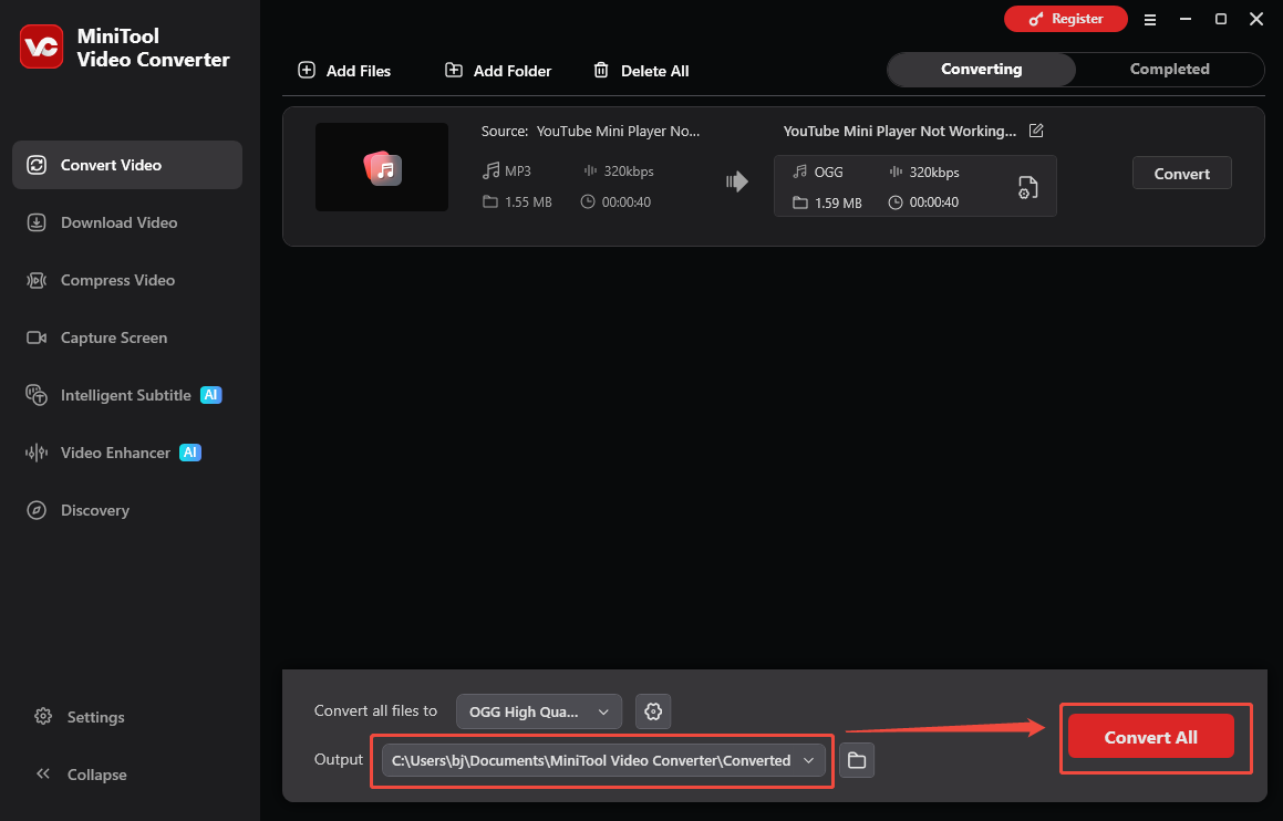 The Convert Video interface of MiniTool Video Converter that shows how to set the output folder and start conversion.