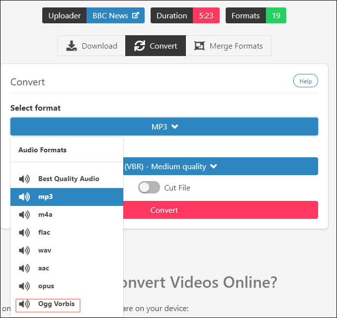 SaveTheVideo interface that shows how to set OGG as the output format.