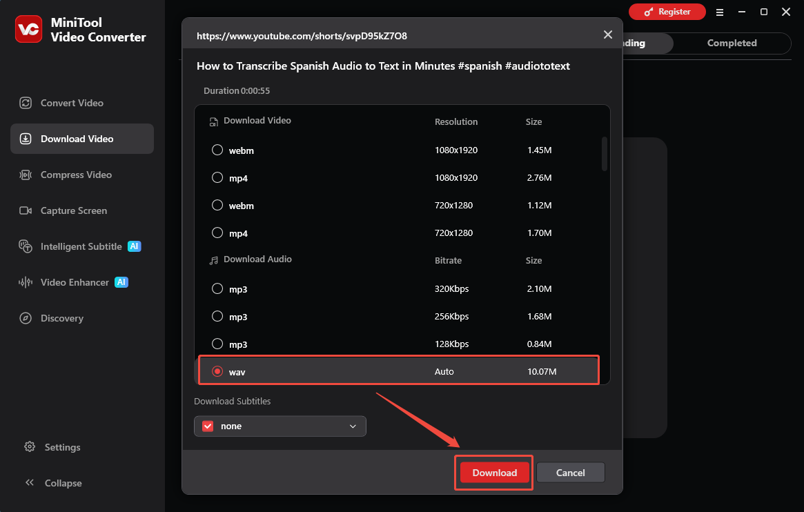 The Download Video interface of MiniTool Video Converter with the output format and the Download option selected.