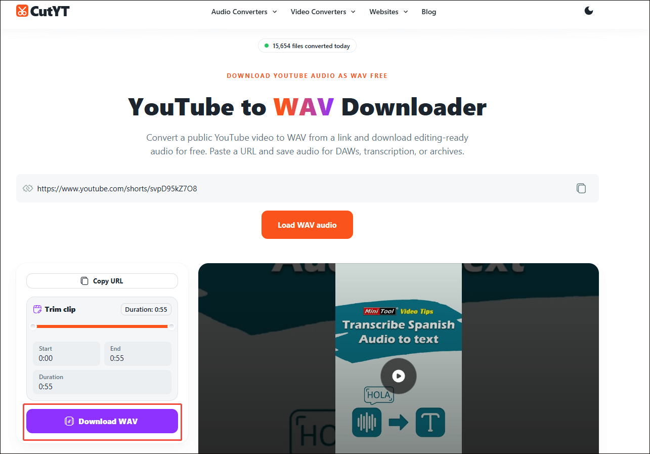 CutYT interface that shows how to begin the conversion from YouTube to WAV.