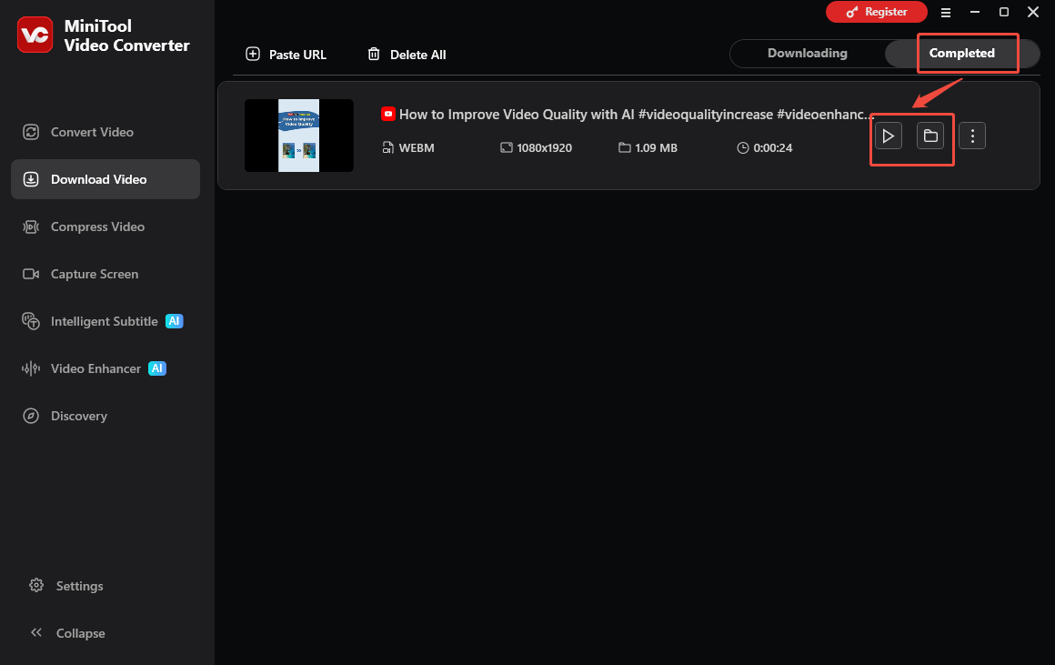 MiniTool Video Converter interface that shows how to view and locate the output video.