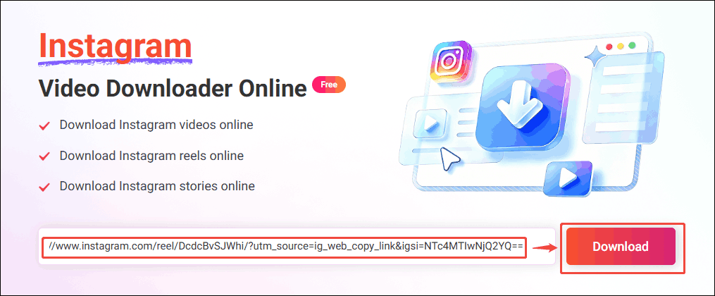 Online Video Downloader interface that shows how to analyze the Instagram URL.