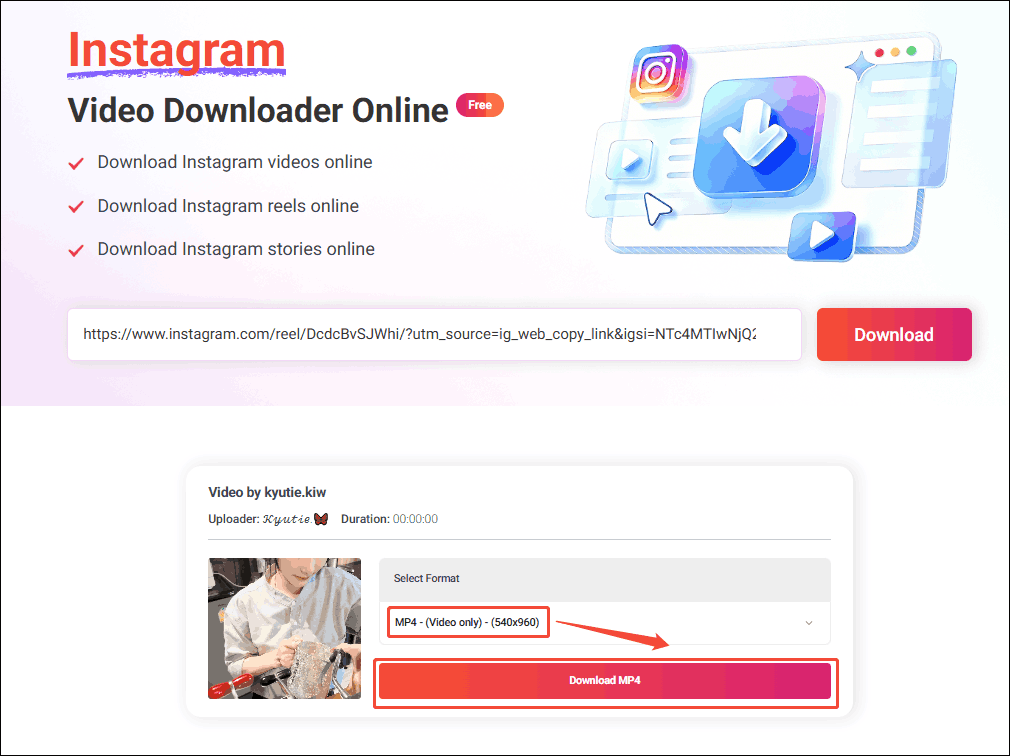 Online Video Downloader interface with the output format and the Download MP4 option selected.