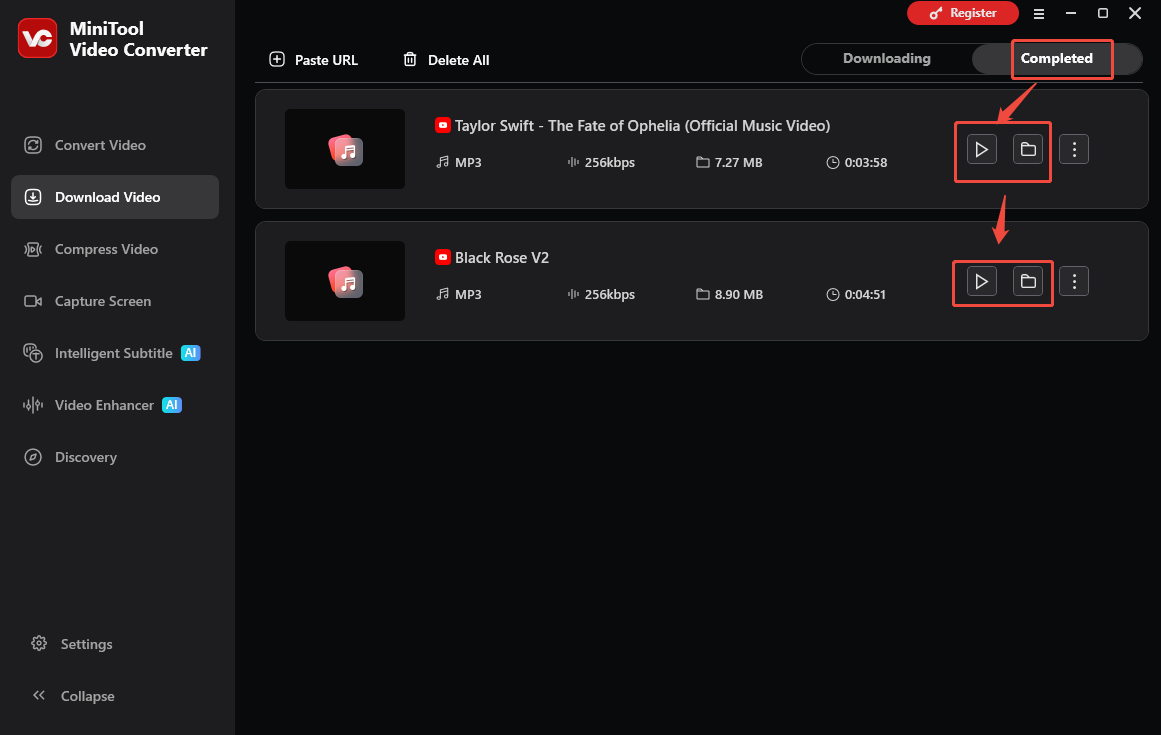 MiniTool Video Converter interface that shows how to view and locate the output files.