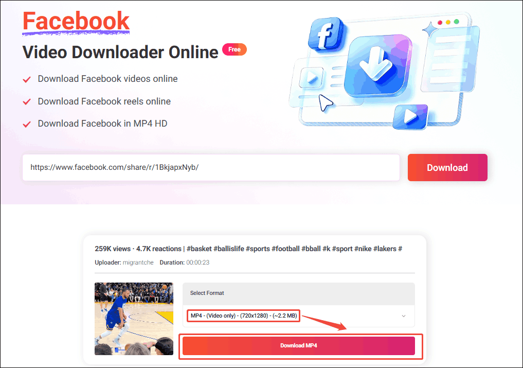 Online Video Downloader interface that shows how to analyze the Facebook URL.