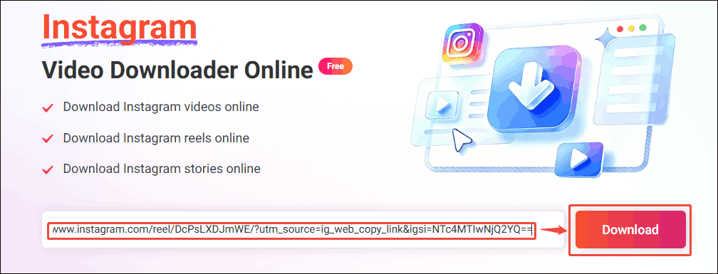 Online Video Downloader interface that shows how to analyze the Instagram URL.