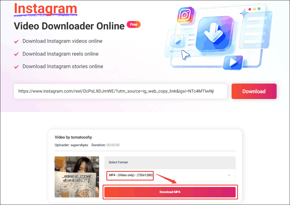 Online Video Downloader interface with the output format and the Download MP4 option selected.