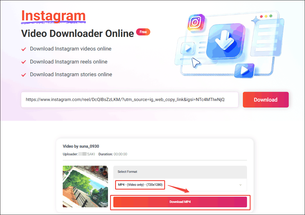 Online Video Downloader interface with the output format and the Download MP4 option selected.