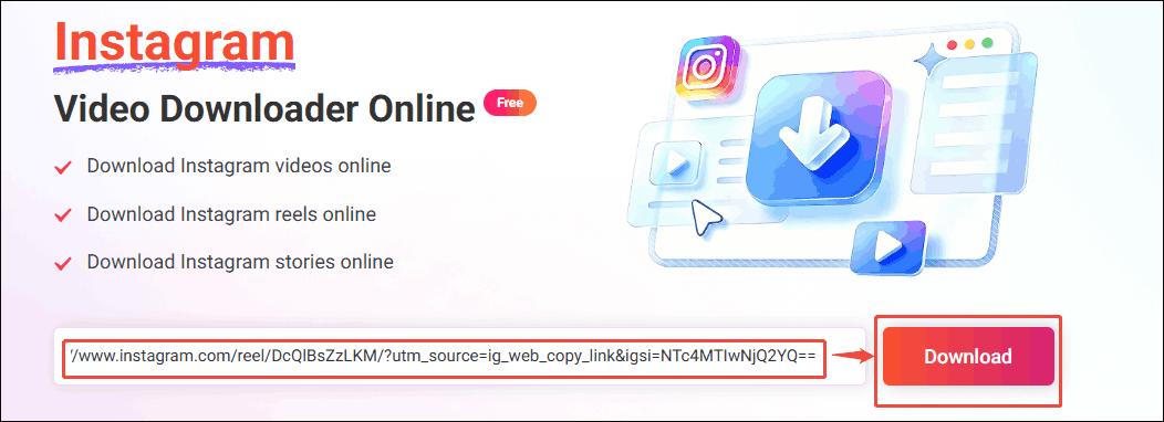 Online Video Downloader interface that shows how to analyze the Instagram URL.