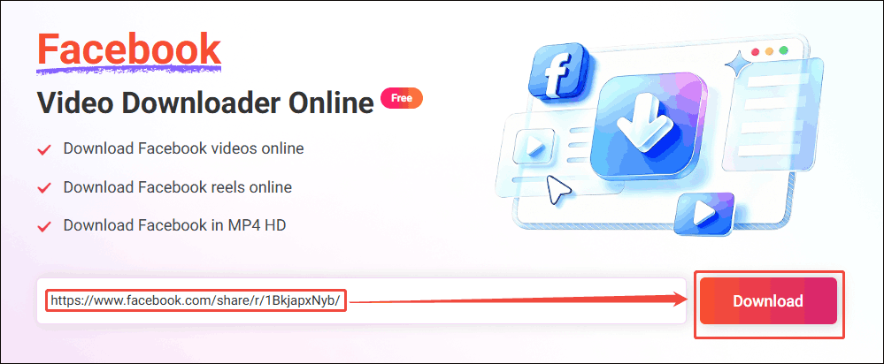 Online Video Downloader interface that shows how to analyze the Facebook URL.