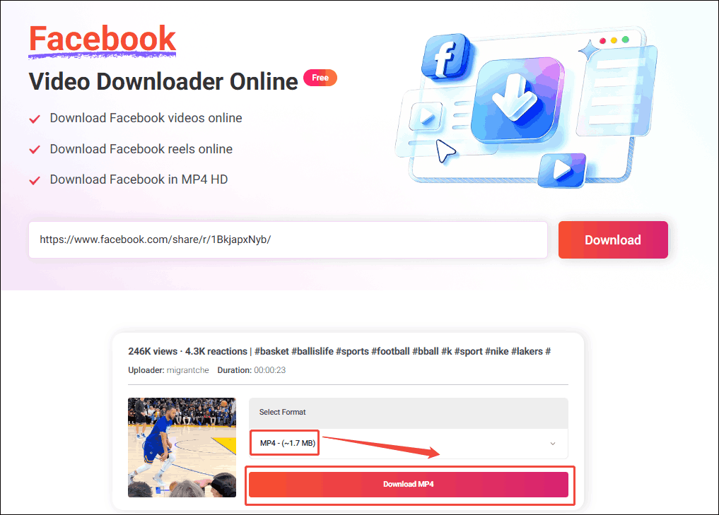 Online Video Downloader interface with the output format and the Download MP4 option selected.