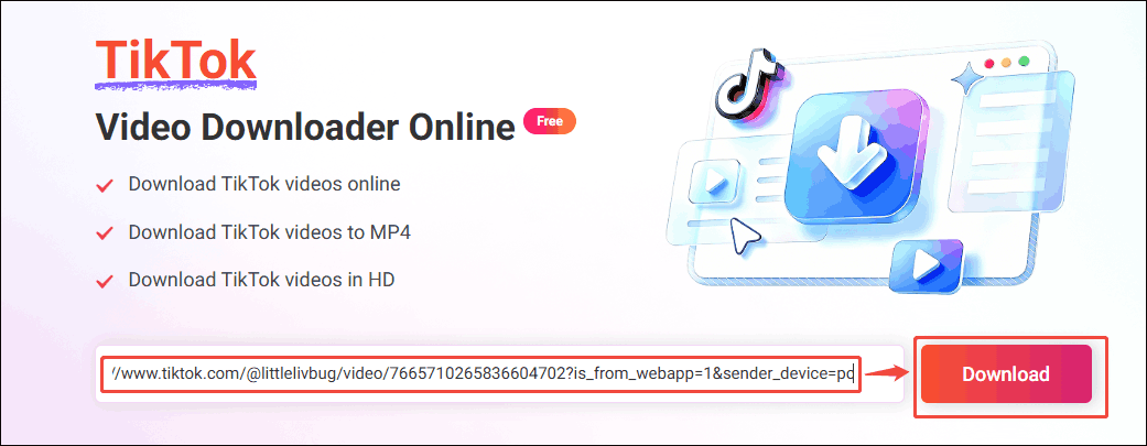 Online Video Downloader interface with the TikTok URL pasted and the Download option selected.