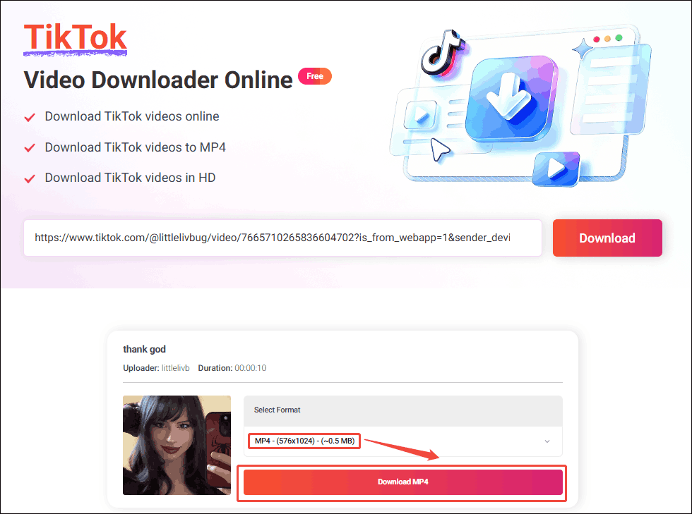 Online Video Downloader interface with the output format and the Download MP4 option selected.