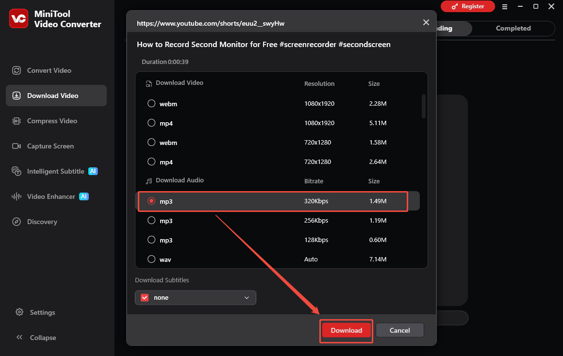 The Download Video interface of MiniTool Video Converter with the Download option selected to start the download process.