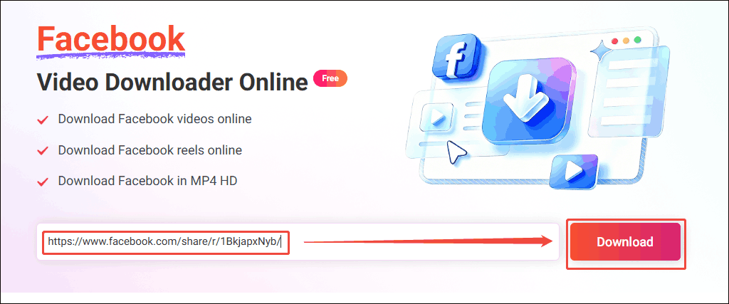 Online Video Downloader interface that shows how to analyze the Facebook URL.