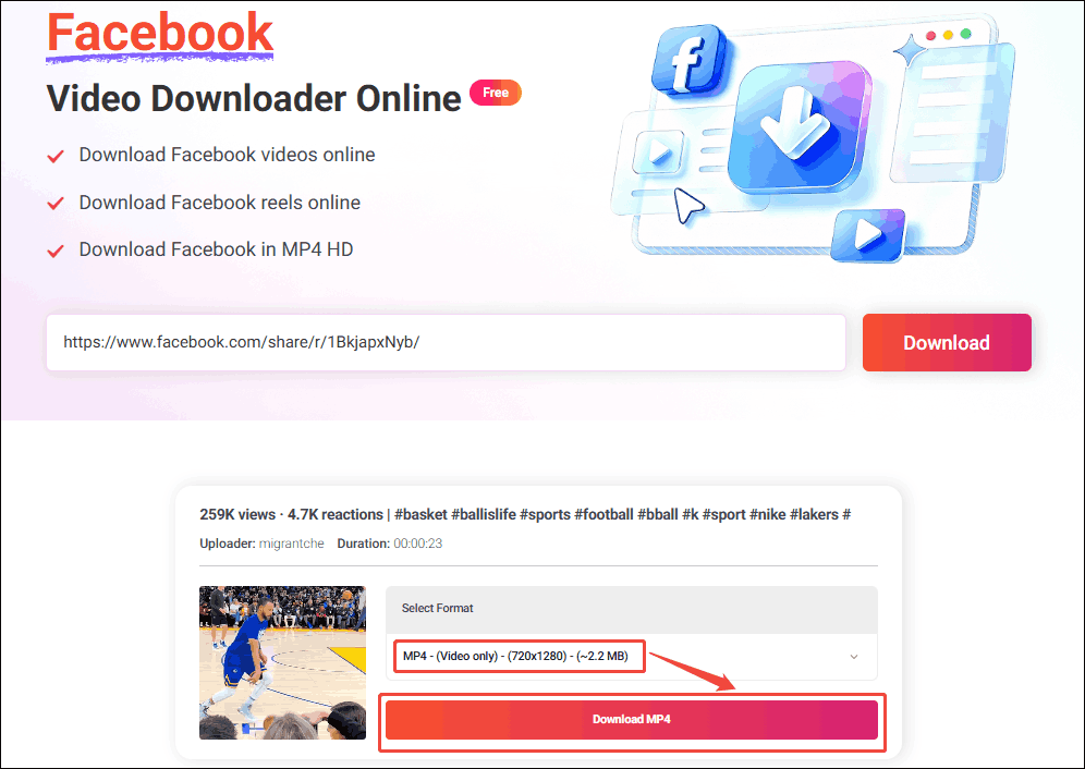 Online Video Downloader interface with the output format and the Download MP4 option selected.
