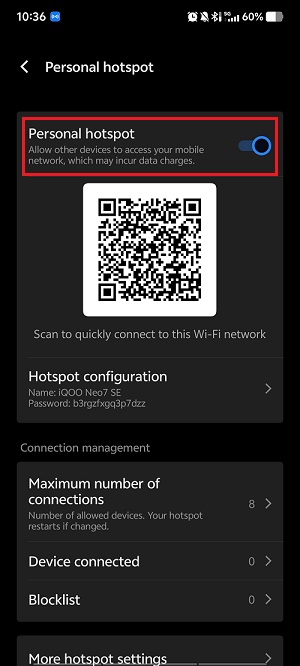 Settings app interface with the hotspot option turned on.