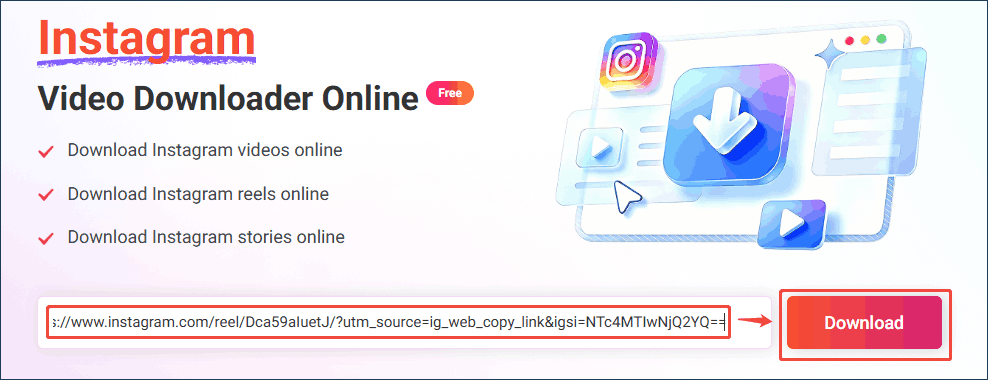 Online Video Downloader interface that shows how to analyze the Instagram URL.