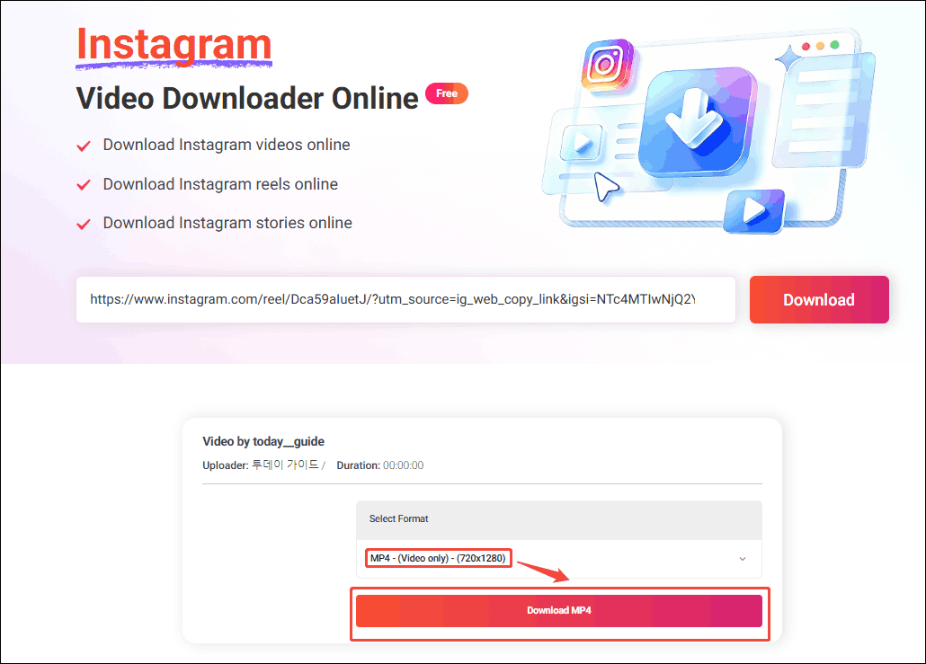 Online Video Downloader interface with the output format and the Download MP4 option selected.