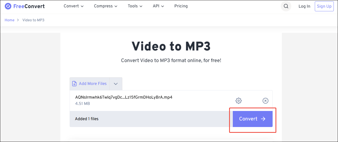 FreeConvert interface with the Convert option selected.