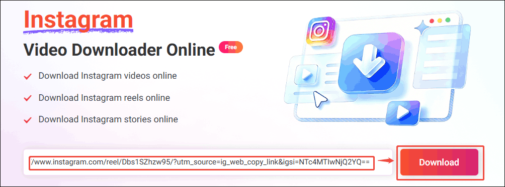 Online Video Downloader interface that shows how to analyze the Instagram URL.