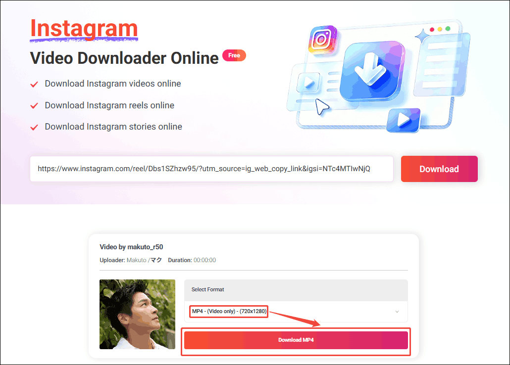 Online Video Downloader interface with the output format and the Download MP4 option selected.