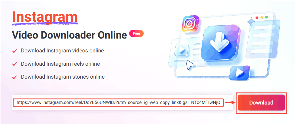 Online Video Downloader interface that shows how to analyze the Instagram URL.