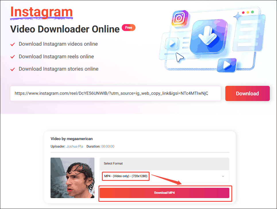 Online Video Downloader interface with the output format and the Download MP4 option selected.