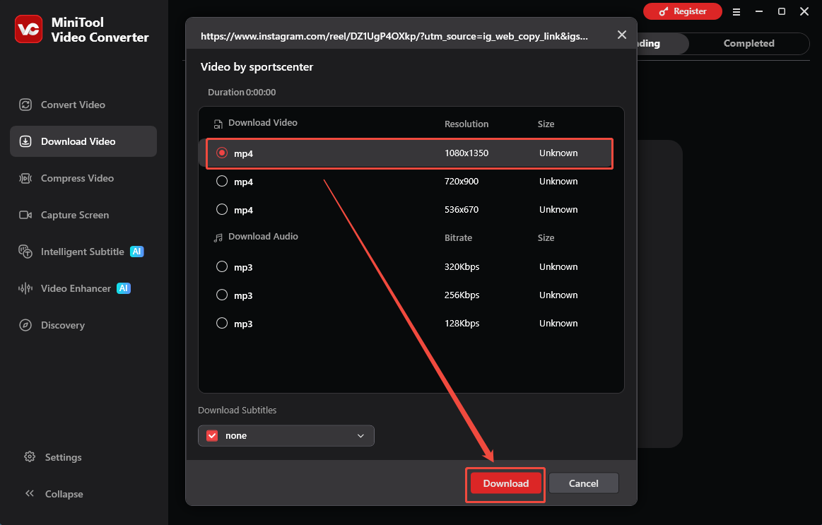 The Download Video interface of MiniTool Video Converter with the Download option selected to start the download process.