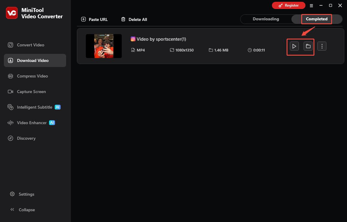 The Download Video interface of MiniTool Video Converter with the Play and Folder icons selected to check the output file.