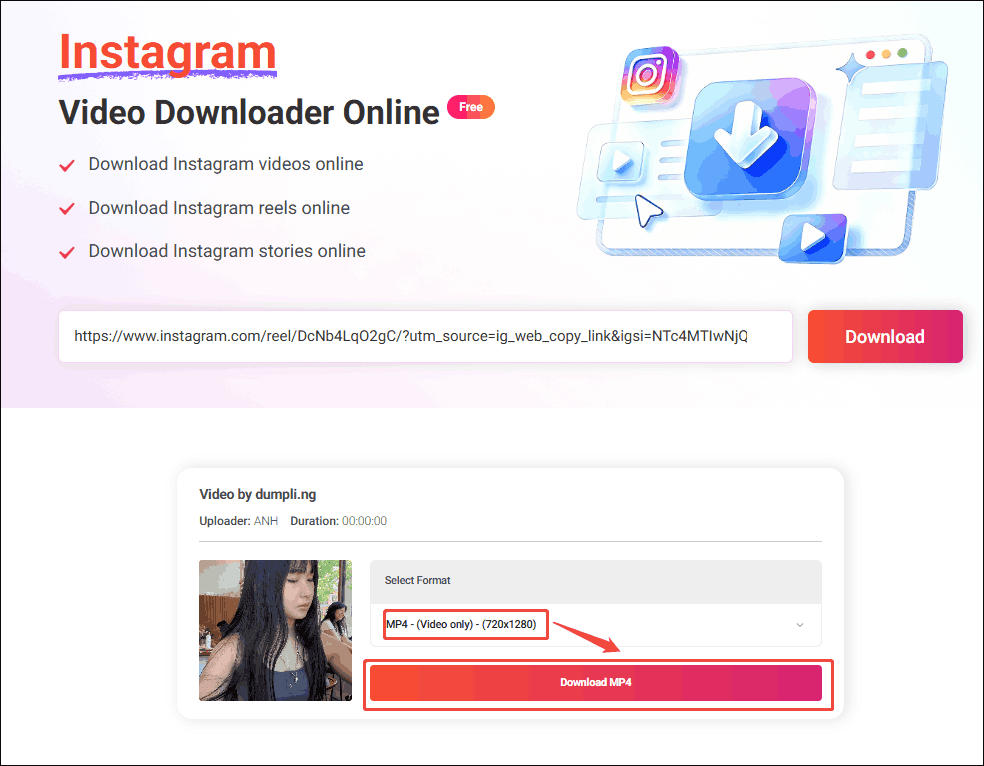 Online Video Downloader interface with the Download option selected to save the Instagram video.