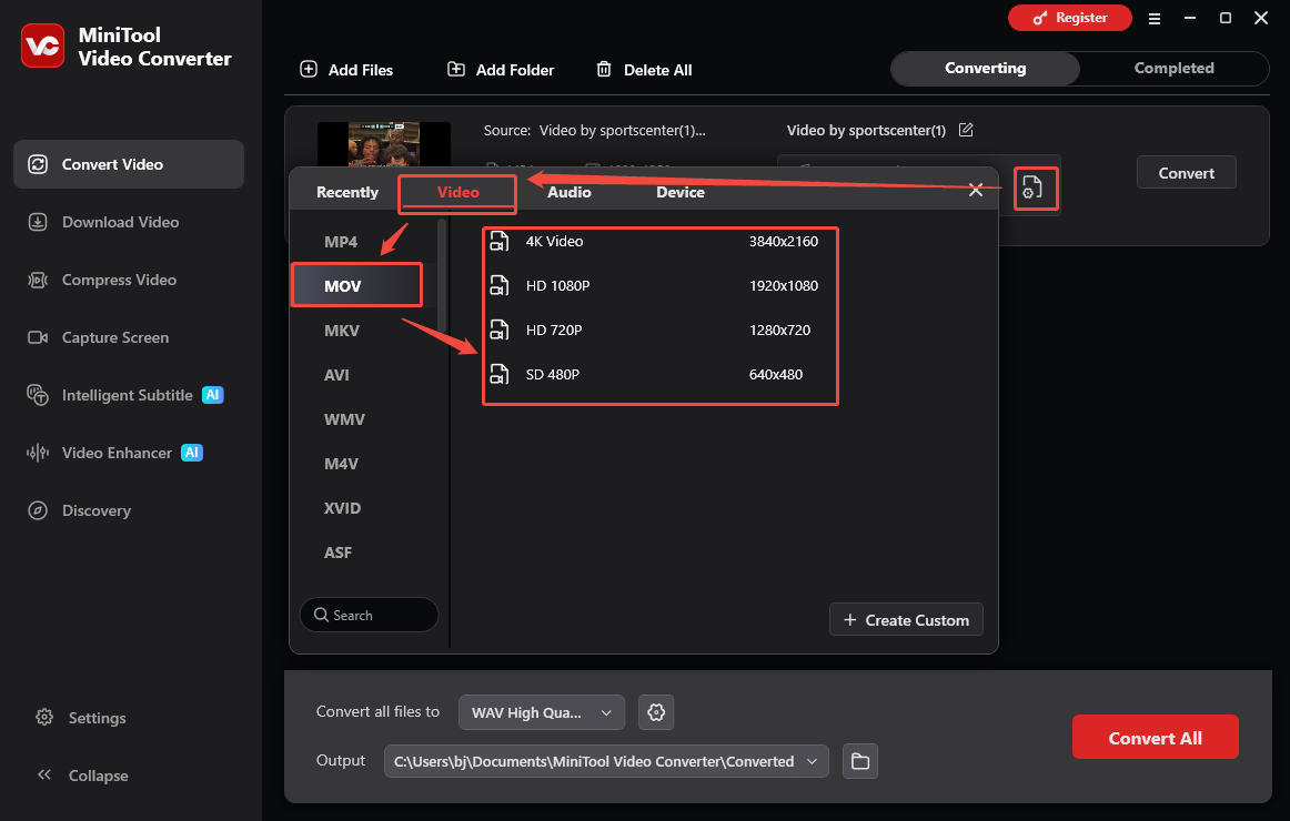 The Convert Video interface of MiniTool Video Converter that shows how to set MOV as the output format.