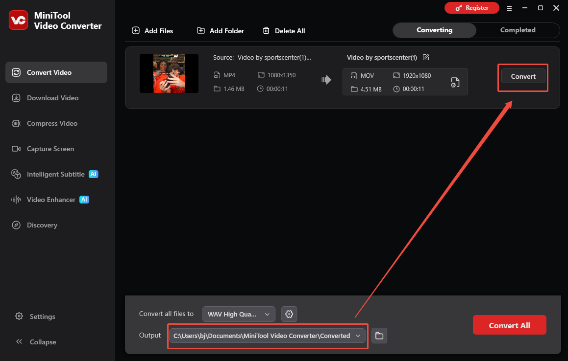 The Convert Video interface of MiniTool Video Converter that shows how to set an output folder and start the conversion.