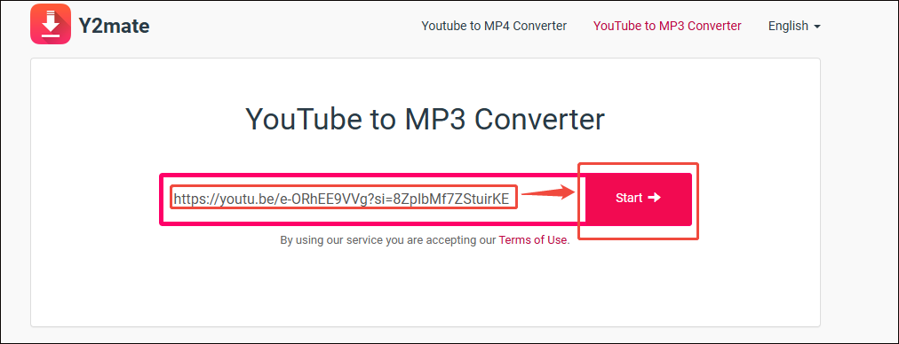 Y2mate interface that shows how to analyze the YouTube music link.