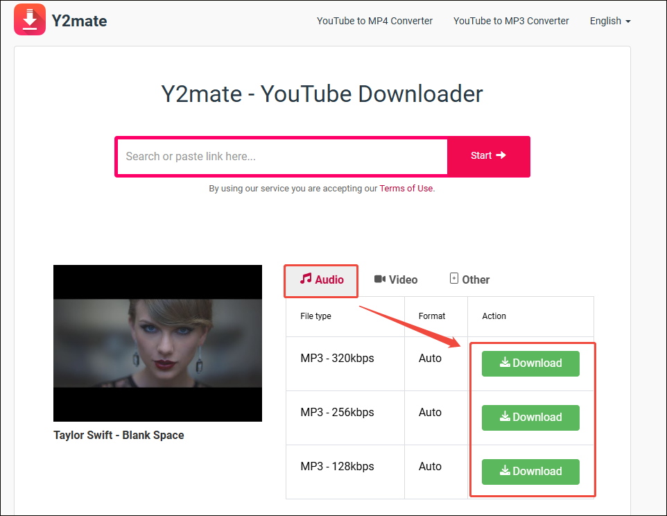 Y2mate interface shows how to save YouTube music to MP3.