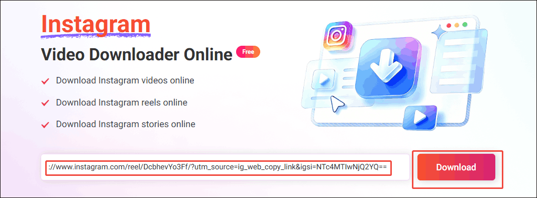 Online Video Downloader interface that shows how to analyze the Instagram URL.