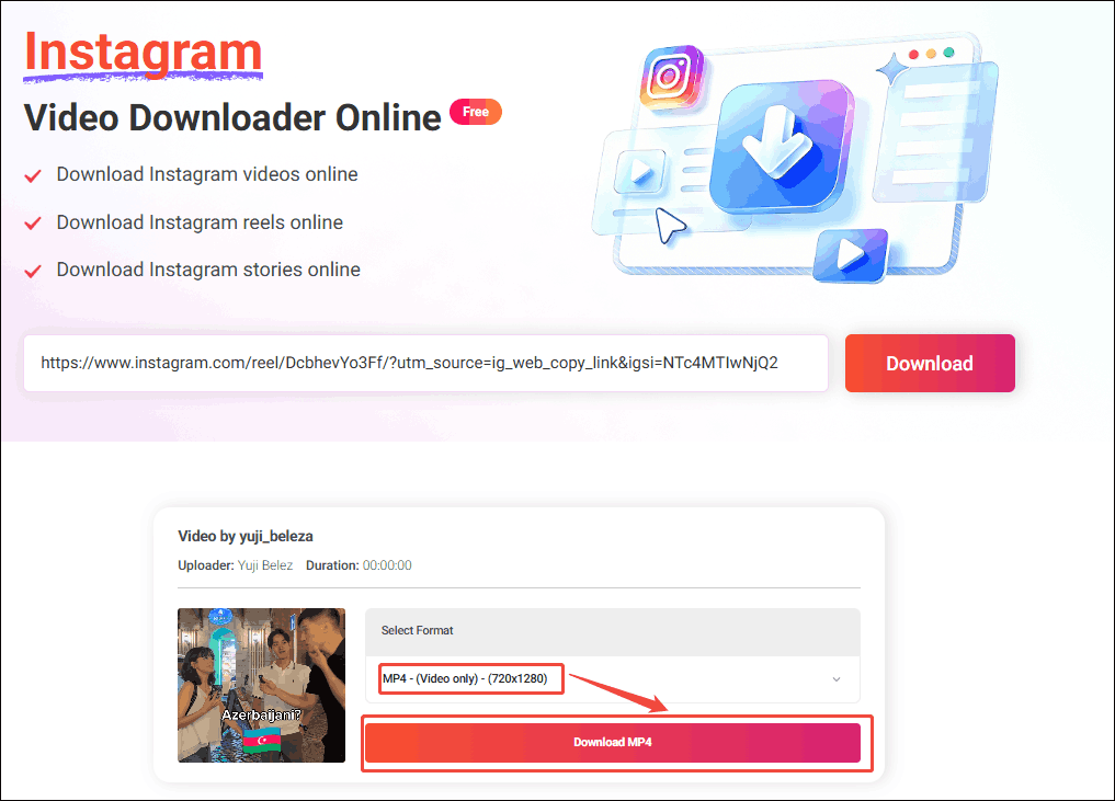 Online Video Downloader interface with the output format and the Download MP4 option selected.