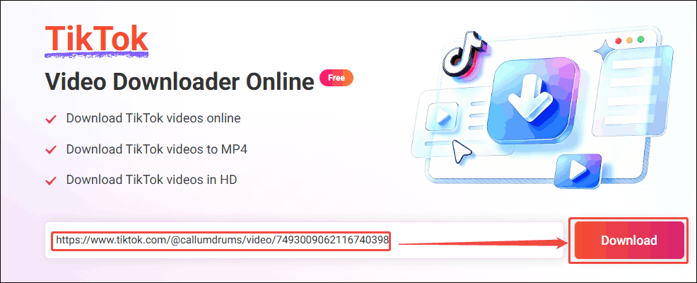 Online Video Downloader interface with the TikTok URL pasted and the Download option selected.