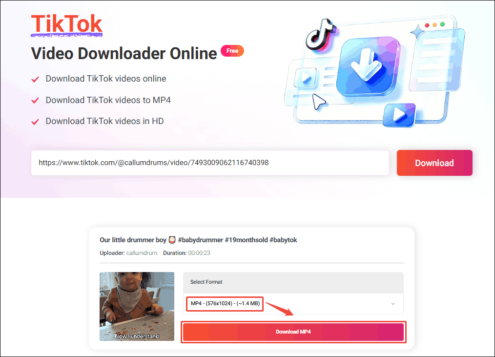 Online Video Downloader interface with the output format and the Download MP4 option selected.