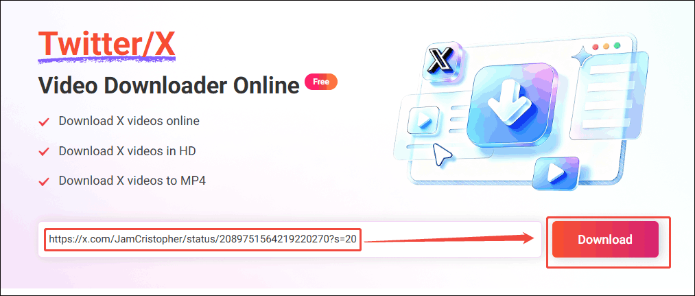 Online Video Downloader interface that shows how to analyze the Twitter URL.