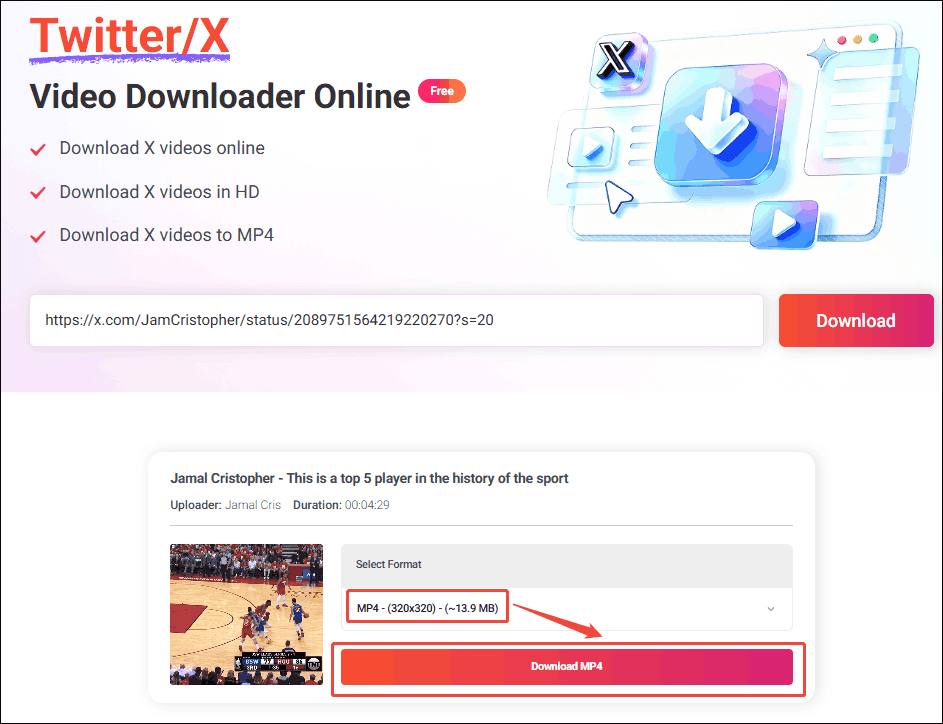 Online Video Downloader interface with the output format and the Download MP4 option selected.